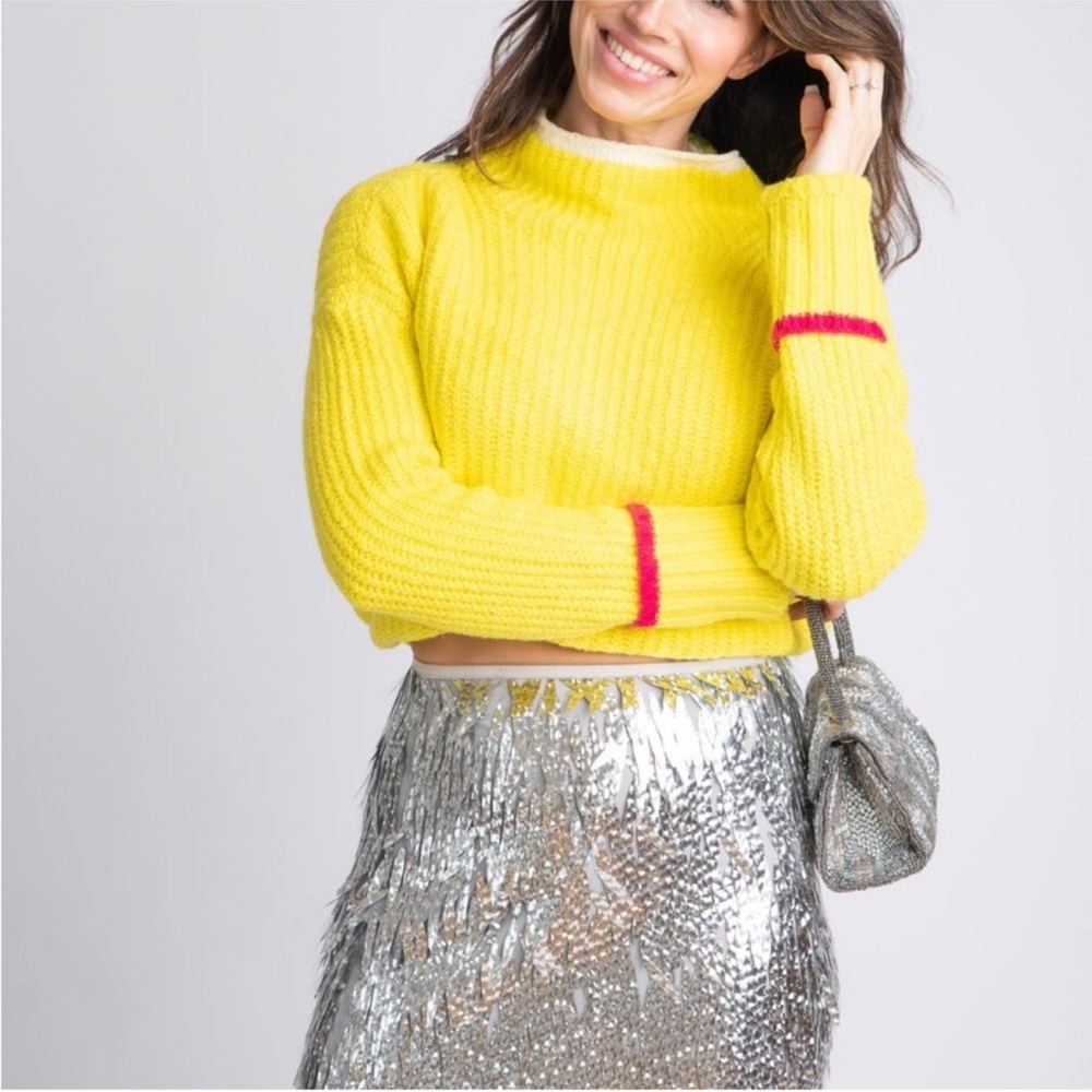 Maeve Anthro yellow sweater with pink sleeve‎ detail